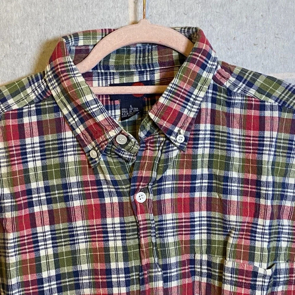 Vintage Red Sky Mens Large Short Sleeve Button Down Shirt Plaid‎ Cotton Red Y2K